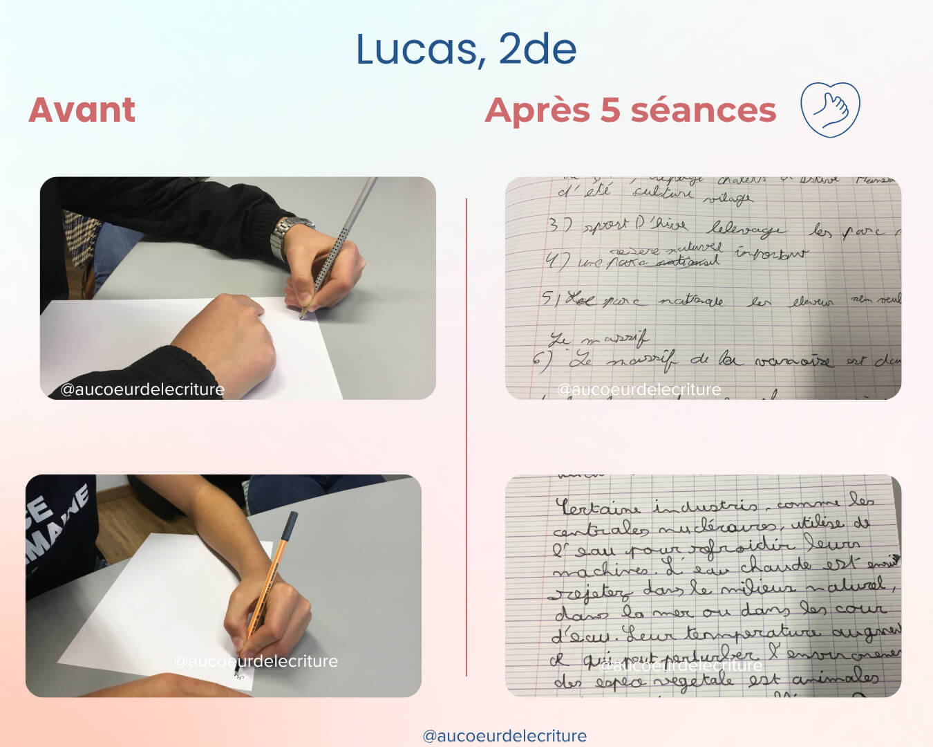 avant-apres-ecriture-tenue-crayon-lucas-2nde Avant-après de l’écriture et de la tenue de crayon d’un lycéen après un accompagnement en graphopédagogie.