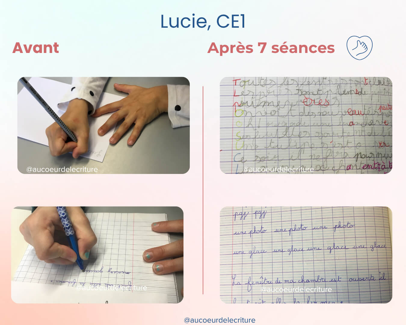 avant-apres-ecriture-tenue-crayon-lucie-ce1 Les progrès de Lucie en écriture après des séances de graphopédagogie
