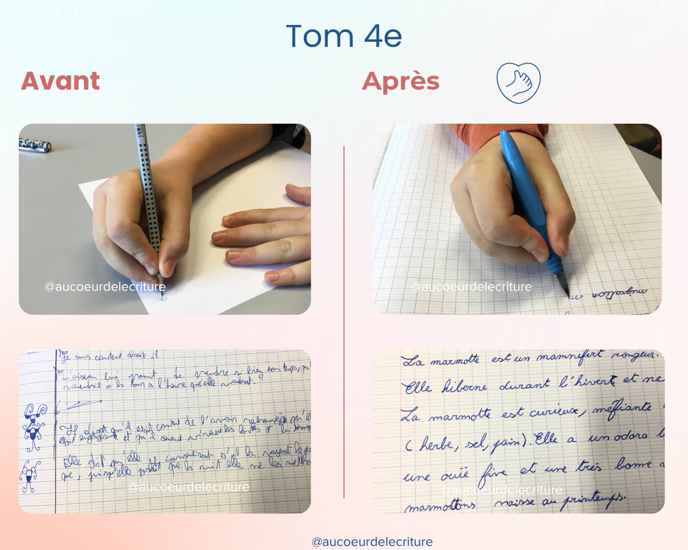 avant-apres-ecriture-tenue-crayon-tom-4e Un avant après de l'écriture de Tom, élève de 4e, qui écrit avec plus de fluidité suite à un accompagnement en graphopédagogie.